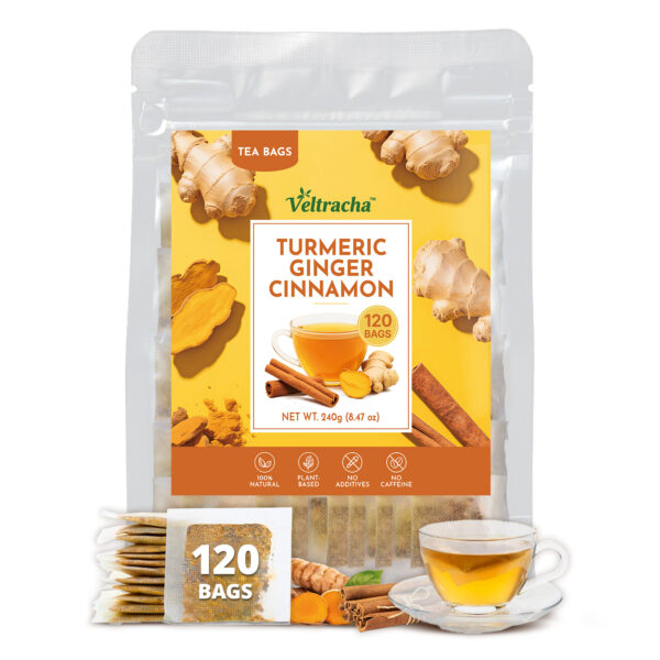 Veltracha Turmeric Ginger Cinnamon Tea Bags, Cleaning Energy Support Intestinal & lmmune Health,120Counts