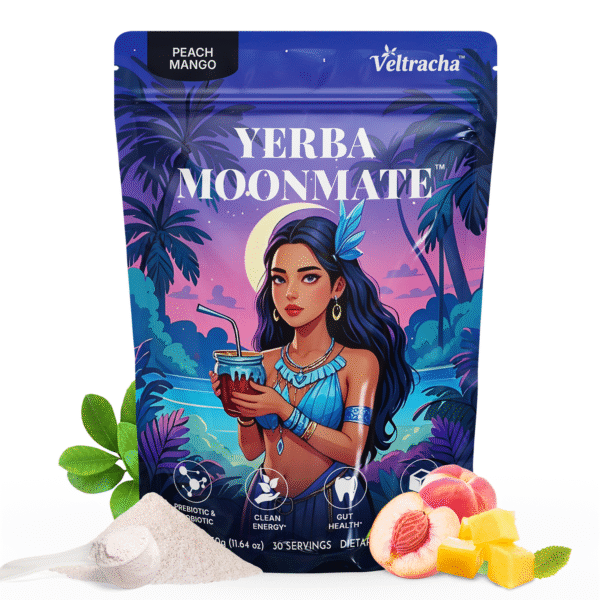 Yerba Mate Tea Powder,3in 1 Functional Blend Probiotic & Mushroom,11.6 oz (30 Servings), Peach Mango