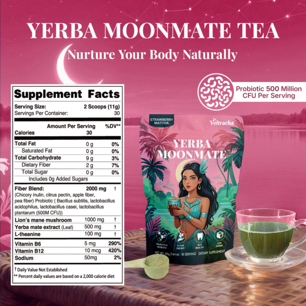 Yerba Mate Tea Powder,3 in 1 Functional Blend Probiotic & Mushroom Energy Drink,11.6oz (30 Servings), Strawberry Matcha - Image 2