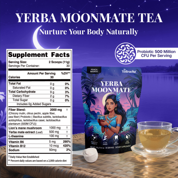 Yerba Mate Tea Powder,3in 1 Functional Blend Probiotic & Mushroom,11.6 oz (30 Servings), Peach Mango - Image 2