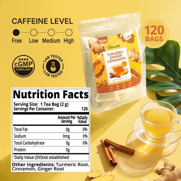 Veltracha Turmeric Ginger Cinnamon Tea Bags, Cleaning Energy Support Intestinal & lmmune Health,120Counts - Image 2