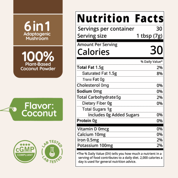 Mushroom Coconut Coffee Creamer with Pure Coconut Extract and 6 Adaptogenic Mushroom,7.41oz (30 Servings) - Image 2