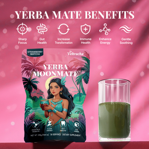 Yerba Mate Tea Powder,3 in 1 Functional Blend Probiotic & Mushroom Energy Drink,11.6oz (30 Servings), Strawberry Matcha - Image 3