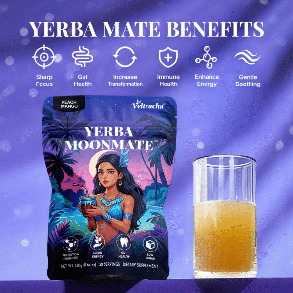 Yerba Mate Tea Powder,3in 1 Functional Blend Probiotic & Mushroom,11.6 oz (30 Servings), Peach Mango - Image 3