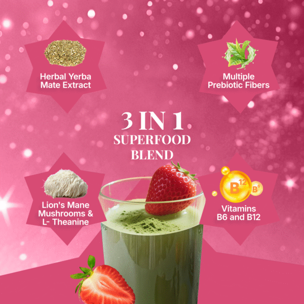 Yerba Mate Tea Powder,3 in 1 Functional Blend Probiotic & Mushroom Energy Drink,11.6oz (30 Servings), Strawberry Matcha - Image 5