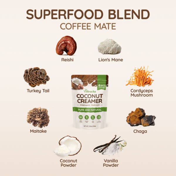 Mushroom Coconut Coffee Creamer with Pure Coconut Extract and 6 Adaptogenic Mushroom,7.41oz (30 Servings) - Image 5