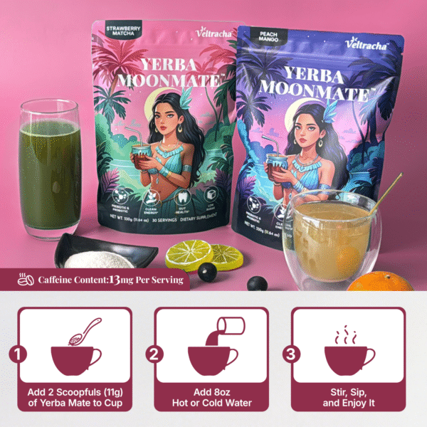 Yerba Mate Tea Powder,3 in 1 Functional Blend Probiotic & Mushroom Energy Drink,11.6oz (30 Servings), Strawberry Matcha - Image 6