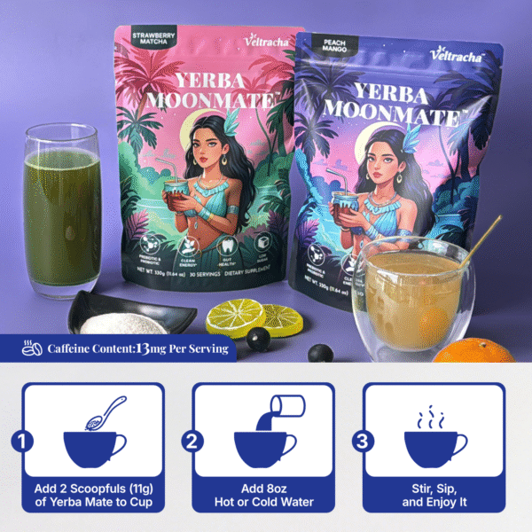 Yerba Mate Tea Powder,3in 1 Functional Blend Probiotic & Mushroom,11.6 oz (30 Servings), Peach Mango - Image 6