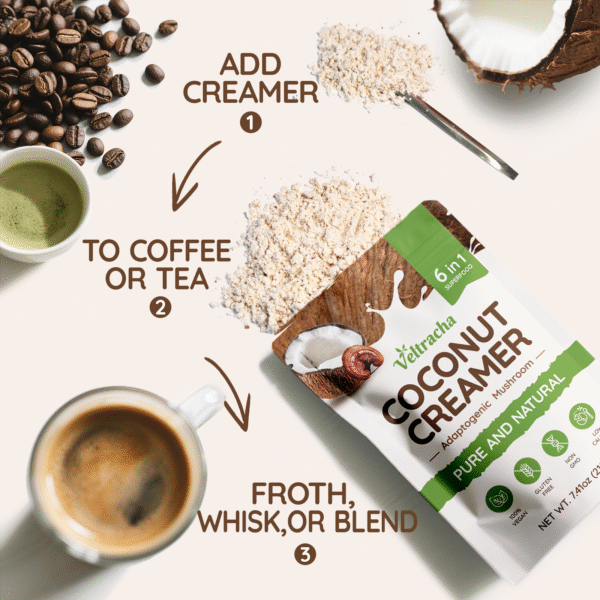 Mushroom Coconut Coffee Creamer with Pure Coconut Extract and 6 Adaptogenic Mushroom,7.41oz (30 Servings) - Image 6